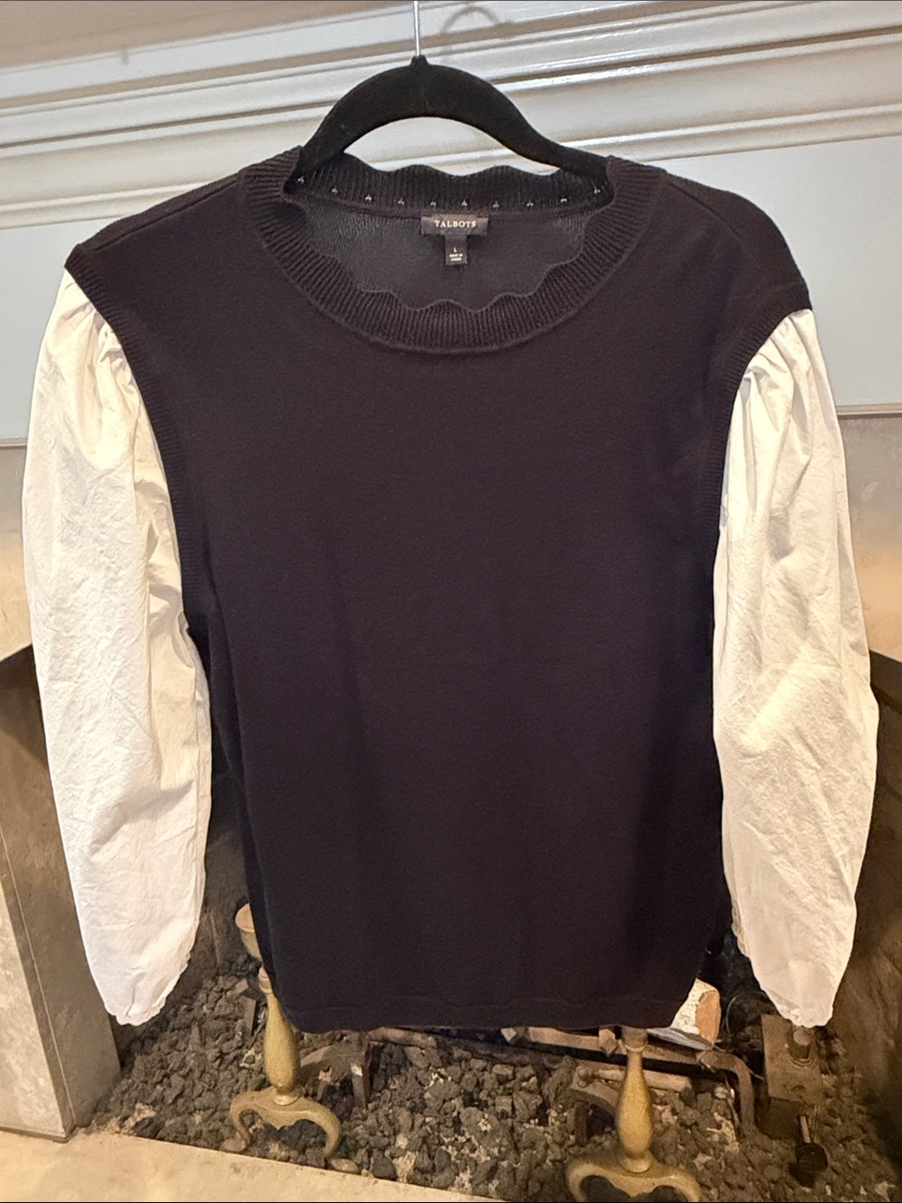 Talbots Black Knit Pullover with White Puff Sleeves size large